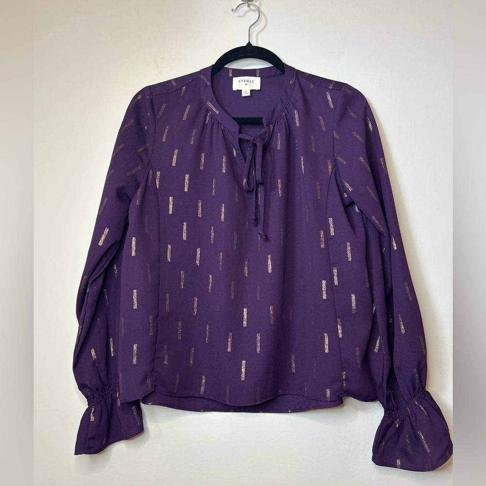 EVERLY Plum and Gold Abstract Long Sleeve Blouse Size S - Picture 2 of 9